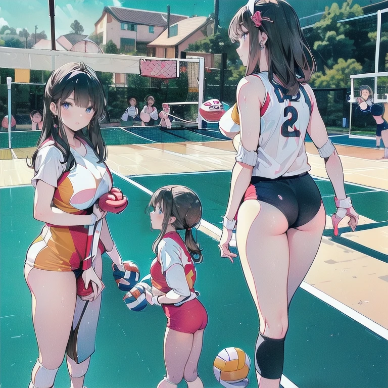 (yuri:1.2), looking at another, (2girls:1.5), (giantess:1.2), (height_difference:1.5), (size_difference:1.3), a minigirl looking up at a giantess, a giantess looking down at a minigirl, basketball court, (sports_uniform:1.2), she is much taller than her, big breasts, huge ass, booty shorts, (muscular:1.2), surprised, :o, happy, smug, (A high resolution，ultra-delicate，best quality, masterpiece, Best quality at best), NFSW, absurderes, high resolution, ((best quality)), ((ultra-detailed)), beautiful face, (large_breasts:1.3),
