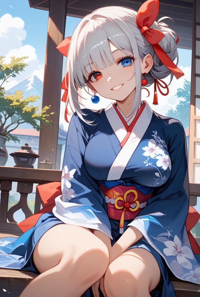 One Girl, Silver Short Hair, Sky blue eyes, kimono skirt, shrine, cute, blush, Medium chest, sunset, Highest quality++, Highest quality++