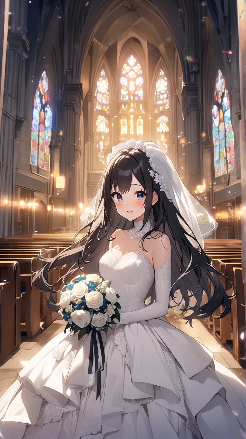 (masterpiece:1.5),(Beat quality),(high res),1girl solo,beautiful face,smile(shining eyes),upper body,light effects,Woman in wedding dress,church