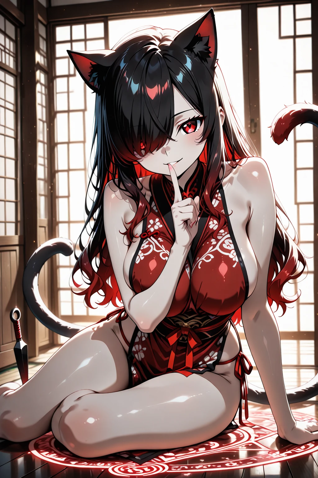 REALISTIC VISION 1.4, BEST AI, sharp focus, ultra detail, 32K, photo realistic, Intricate details, tight, seductive, sexy, long black wavy hair, red eyes, Intricate details, A 30 year old woman, medium breasts, nine tails around wind, Intricate details, body with beautiful curves, Intricate details, white t-shirt and sexy round short skirt, neckline, Intricate details, (((nine bramca tails))), (fox ears)
