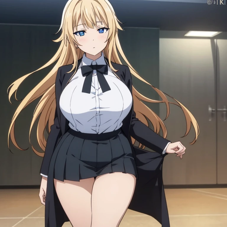 (8k, RAW photos, top quality, masterpiece: 1.2), (realistic, photorealistic: 1.37), (High Quality), (Ultra realistic), (High Details), (Face detail), (Shadow Detail), (Big breast : 1.5), 1 girl, (Mature Female), solo, Green eyes, Blonde hair, Elf Ears, (Extreamly Face Detailed), Long hair, Pink Lips, Blush, (Ultra Face Detailed), School stairs, School, School uniform, Long Legs, (Wide Hips), Candid, Alpha - The Eminence in Shadow, (Hand detailed), FingersDetailed, Full Body, School Background