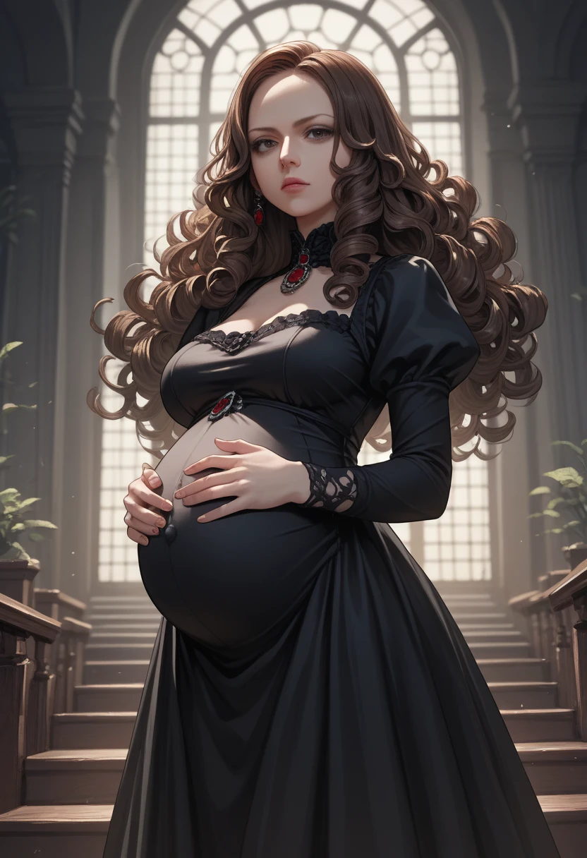 (best quality,4K,8 thousand,mackerel,masterpiece:1.2),very detailed,(realistic,photorealistic,photo-realistic:1.3), 22 years old, Female1, princess, slim, walking, dress with split ends, sexy dress, (short skirt dress), beautiful and delicate eyes, beautiful and delicate lips, very detailed 눈과 얼굴, long eyelashes, 3 months pregnant, pregnant princess crying,sexy dress,black dress,sleeveless dress,,dark-haired princess, flowing hair,princess wearing (victorian) dress, background: Palace, 16th century Russia, 