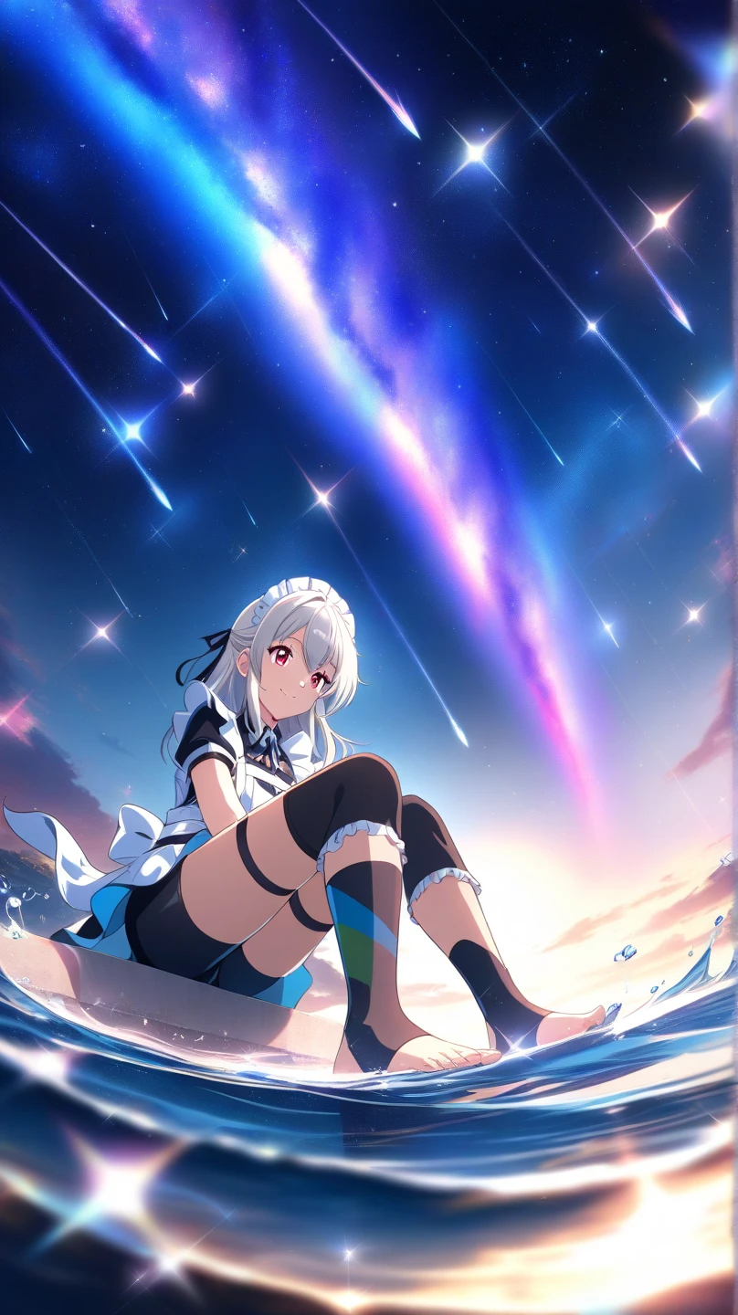 (((High quality))), Sakuya Izayoi, holding knives, epic fight stand, solo, full body