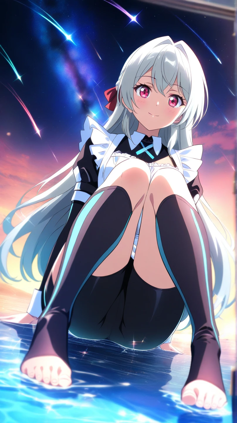 Perfect body, perfect eyes, perfect hands, 1woman, long white hair, blue eyes, smiley face, white long-sleeved shirt, black fluffly skirt, long white stockings, black heels, big breasts, big ass, street background