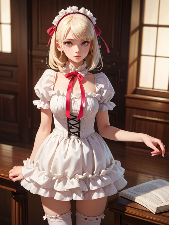 from below1.2), super high quality, (8k, RAW photo, realistic), wearing light pink dress, skirt lift, black lace panty, wind, white flowing layered braided bangs short hair, cute woman, shining gold big eyes, annoying sexy expressions, red sexy thick lips, medium breasts, slender, perfect proportion, background stairs