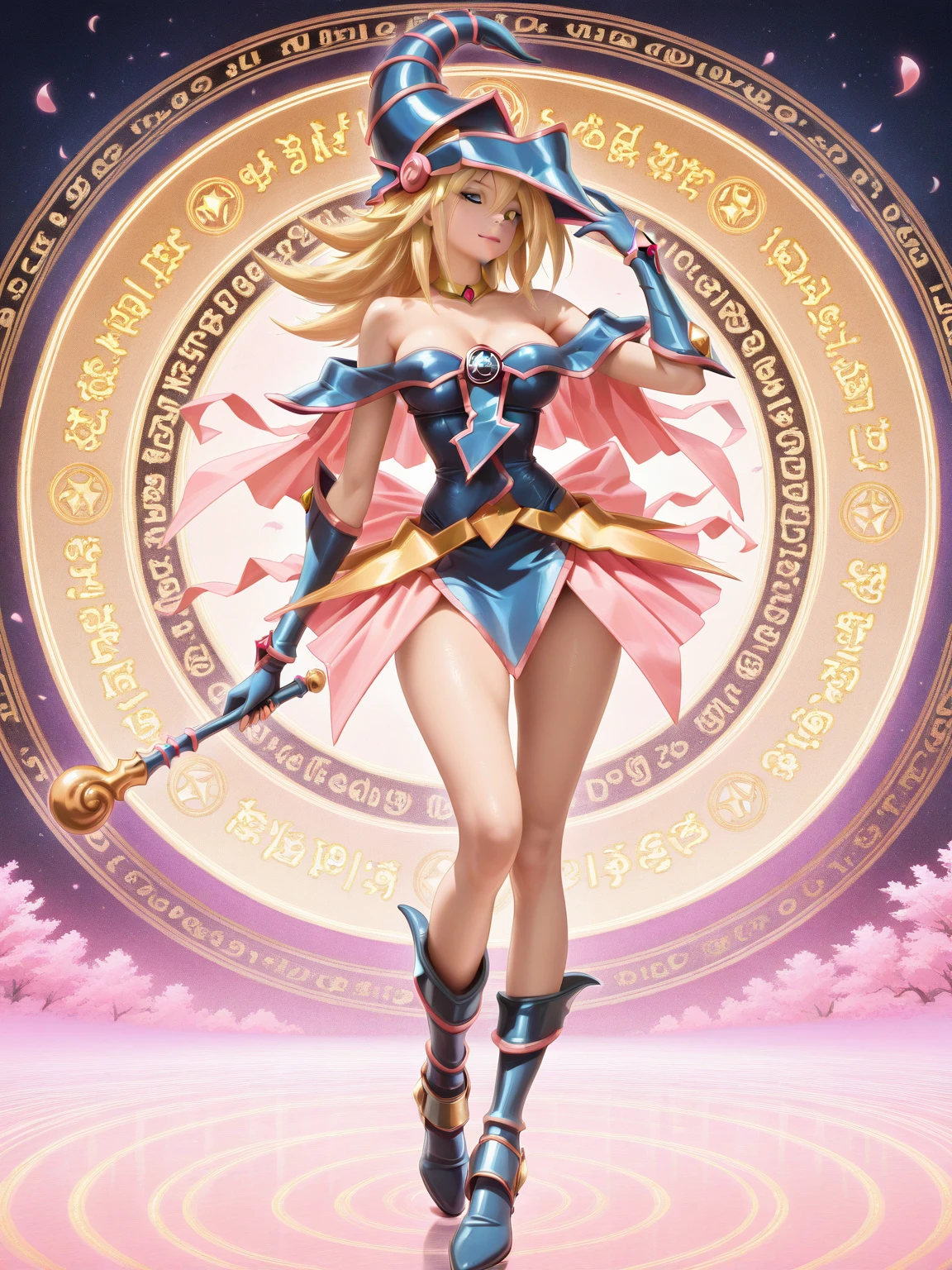 Black Magician Girl、super breasts、thick thighs、blonde hair、magic circle、magic wand、Black Magician Girlのブーツを履く、Leotards that dig into the buttocks、