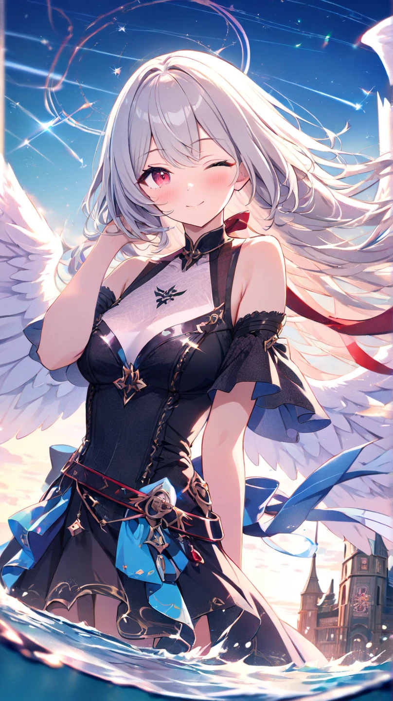 high resolution　,beautiful skin,　detailed picture,　pretty girl,　small breasts　,pigeon,　gray hair,　Glittering dresses,　Tsubasa　,Bird wings　,sky, sexy