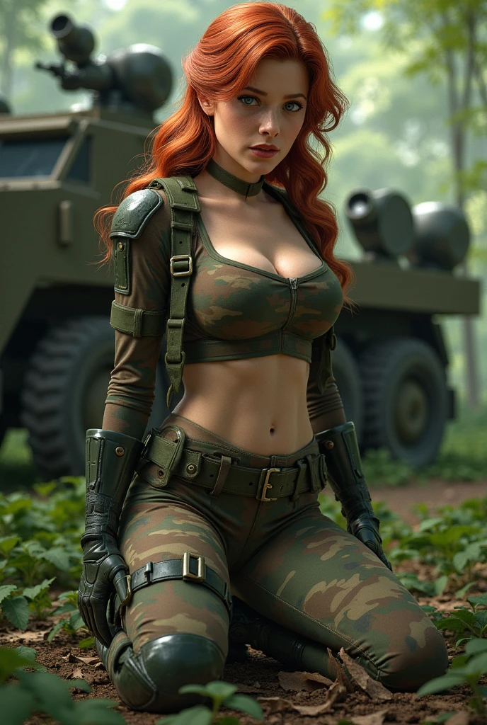 (best quality, 8k, ultra-detailed, realistic:1.37),  woman wearing a militar camouflage dress,rabbit ears tiara,red hair,fake eyelashes,fleshy lips,looking to observer, little smile,light green pantyhose,Paolo Serpieri Arte, Luis Royo Arte, milo manara arte, Arte de Bernie Wrightson, SCENARIO florish florest background