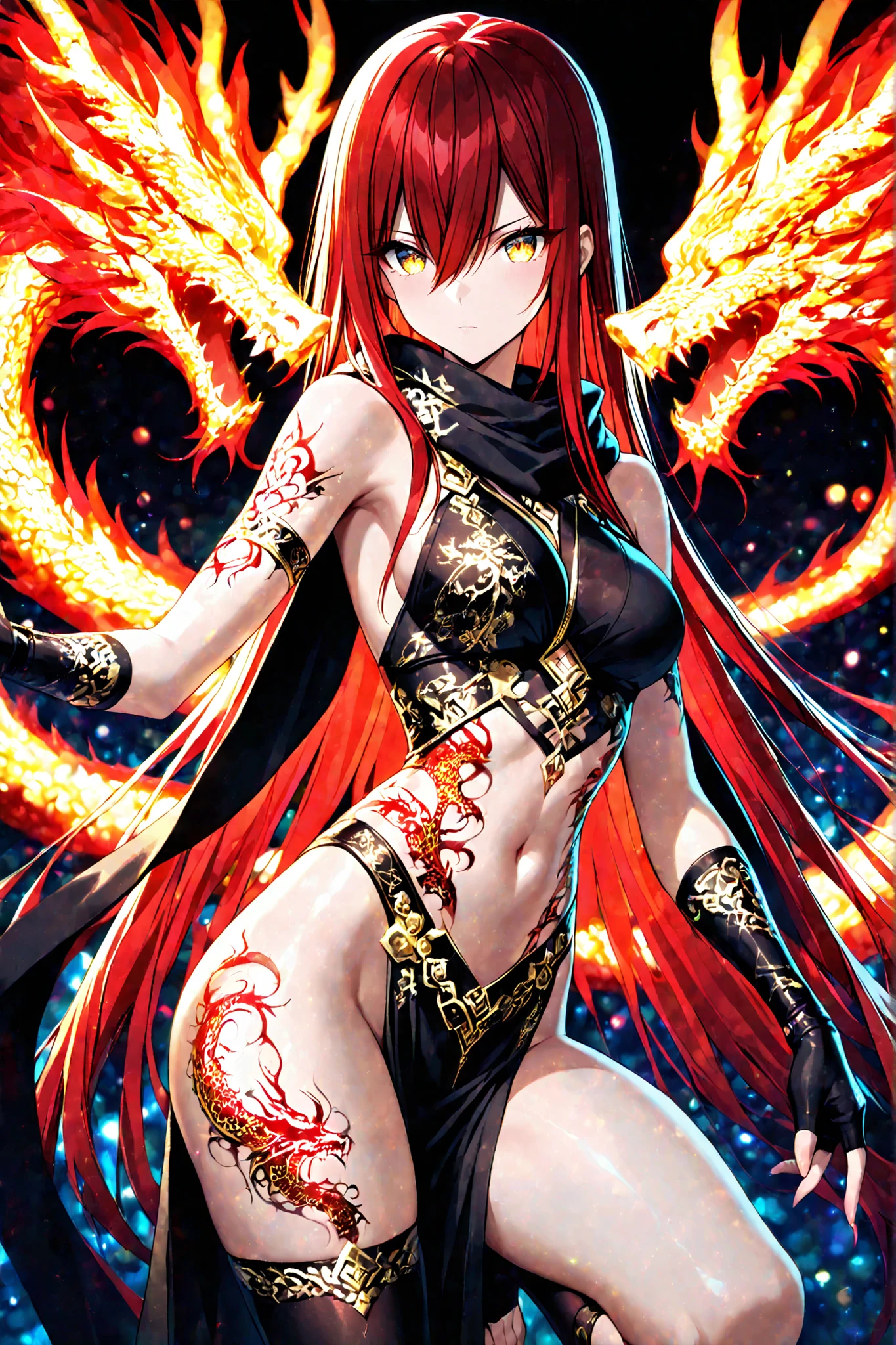 1 woman , golden eyes , very long hair , long sidelocks, red hair, petite , very cute , beautiful ,Straight hair, cool, handsome, hair between eyes, sexy, medium large breast, ninja, bare shoulders, midriff, navel, black scarf, fingerless gloves, pelvic curtain, toeless legwear, black socks, black gloves, sleeveless, glowing dragon tattoo on her arm, (intricate details:1.2), (masterpiece:1.2), (best quality:1.2), (very aesthetic:1.2), (absurdres:1.2), (detailed background), ray tracing, vibrant colors, depth of field, cinematic lighting, sharp focus, action shot, (Extremely Detailed 16K CG)