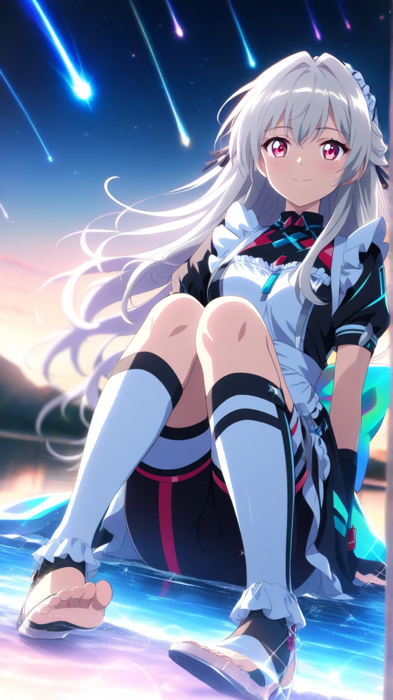 Highest quality, (squat),(Spread your legs),(cum on cloth),,A seductive smile, Ahegao,Place your arms behind your head,Low - Angle,(Photographed from the front), lh1, hair ornamnet, long hair, long sleeves, pleated skirt, blue thighhighs, 手链, frilled skirt, white jacket, white shirt, blue skirt, thigh strap,Black Panties,Showing panties,Long legs,Facing forward,(Anatomically correct), Plump thighs,Bedroom,Saliva stringing,