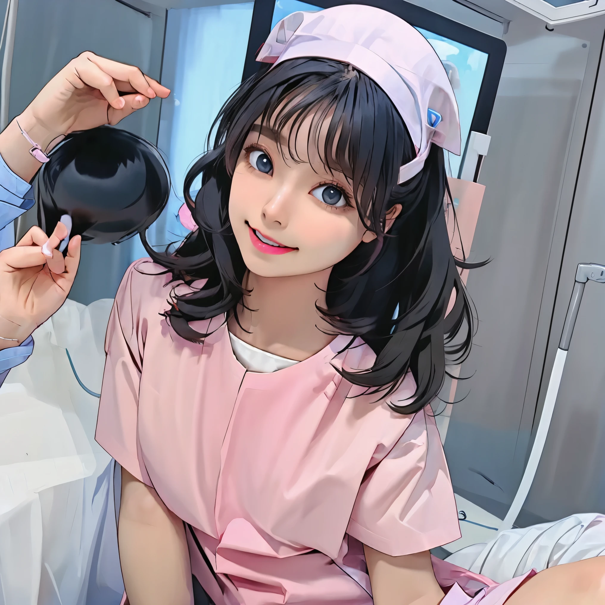 master piece,bestquality,ultra detailed,nurseの制服, SF Lab , nurse suit,sitting on an obstetrics and gynecology exam chair, opening my legs, and fixing my legs over、nurse,Big Breasts,lab coat,dark-haired woman,grey eyes , gigantic in priv ,Medical Devices,イギリス人nurse,two nurse, speculum ,I looked at the exam room,is too big ,big butt ,strap on , cute girl,,pink uniform,is too big , realistic, bright colors, , (- Yield:1. detailed face and eyes, long eyelashes, beautiful smile, , so、close-up、30mm