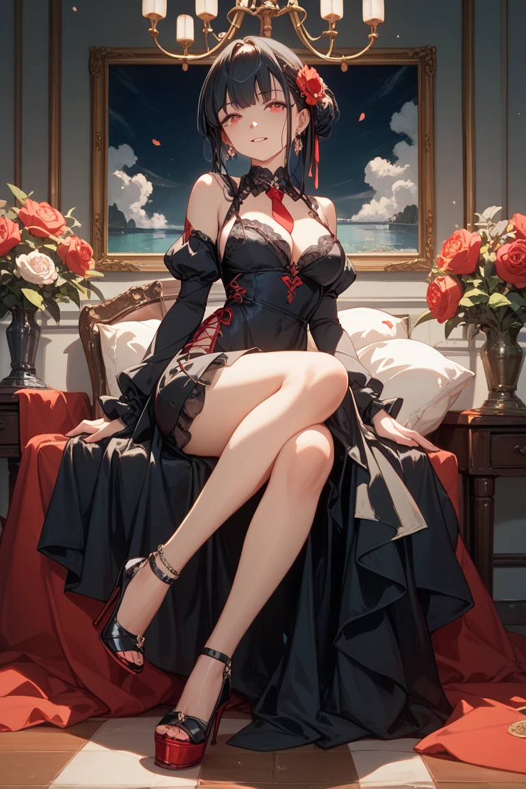 Em um luxuoso cassino, A stunning woman wears an exquisite dress adorned with heart symbols, embodying the royal presence of the Queen of Hearts. Surrounded by a backdrop of poker cards and chips, She exudes confidence and seduction, convidando os jogadores a testar sua sorte e habilidades no jogo de azar. short curly hair, cabelos vermelhos (red hair ) (queen of hearts), backwards, looking back, sorrindo, sorriso largo