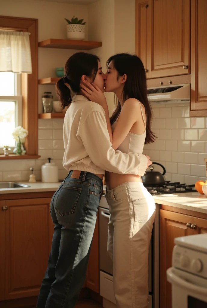 (nudity, explicit, sensual:1.1)Two girls kiss while sitting on barstool cushion, completely nude
