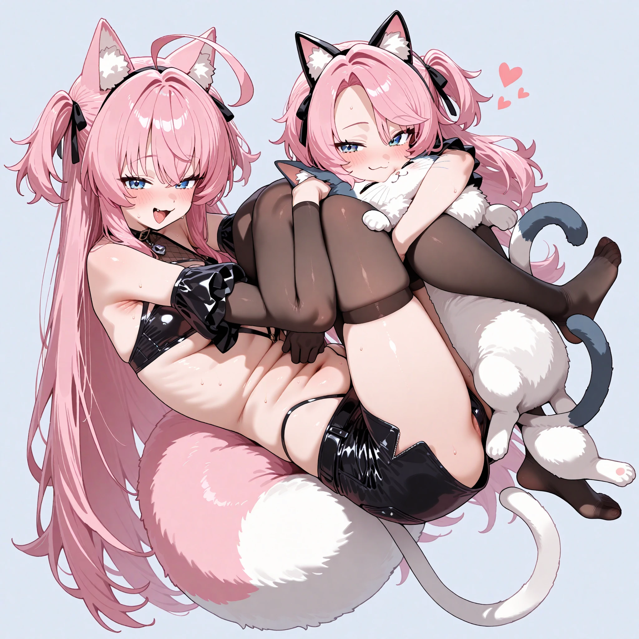 (Best picture quality，highly  detailed，Body and facial contours 1.2）Rainy days，Wearing a pink bra，Black lace erotic panties，Pouting ass，animemanga girl ，Weakness of the body，Slim waist，slender leg，Bedrooms，face to the viewer，spread their legs，Side head，High ponytail with long hair，Wear white cat ears