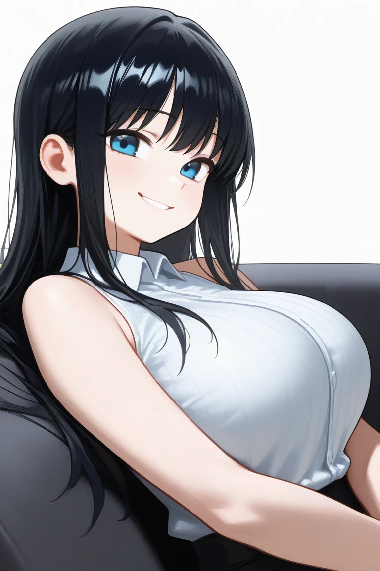 Anime character girl Himawari Uzumaki adult with a white shirt a little open and black pants with big breasts