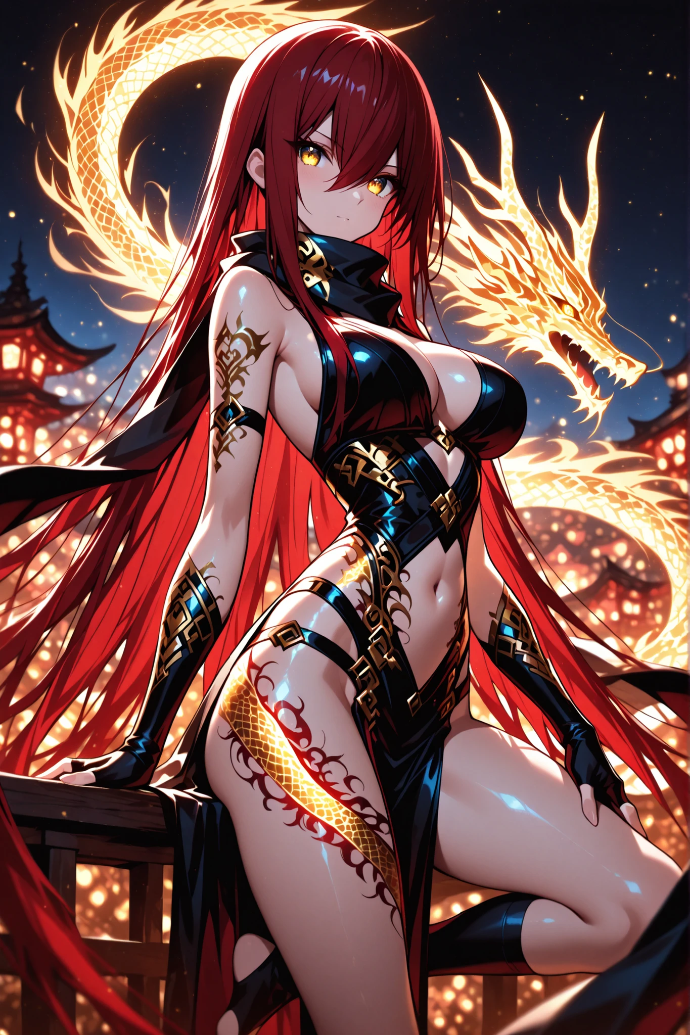 1 woman , golden eyes , very long hair , long sidelocks, red hair, petite , very cute , beautiful ,Straight hair, cool, handsome, hair between eyes, sexy, medium large breast, ninja, bare shoulders, midriff, navel, black scarf, fingerless gloves, pelvic curtain, toeless legwear, black socks, black gloves, sleeveless, glowing dragon tattoo on her arm, (intricate details:1.2), (masterpiece:1.2), (best quality:1.2), (very aesthetic:1.2), (absurdres:1.2), (detailed background), ray tracing, vibrant colors, depth of field, cinematic lighting, sharp focus, action shot, (Extremely Detailed 16K CG)