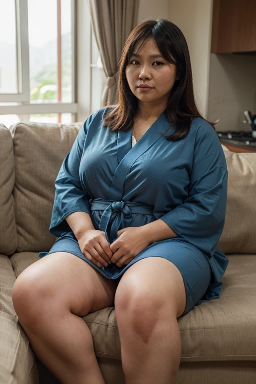 An elderly woman aged 65, with an easy, suffering expression and strong features, with an obese body weighing 70 kilos, 160 centimeters tall, thick legs and very large, saggy breasts, with long black hair. She is wearing thick-framed prescription glasses., a very short skirt, only 20 centimeters long, a low-cut tank top and flip-flops. She is seen in full body as she bends down to pick up a small object from the floor in a humble bedroom at night with the lighting dimmed..