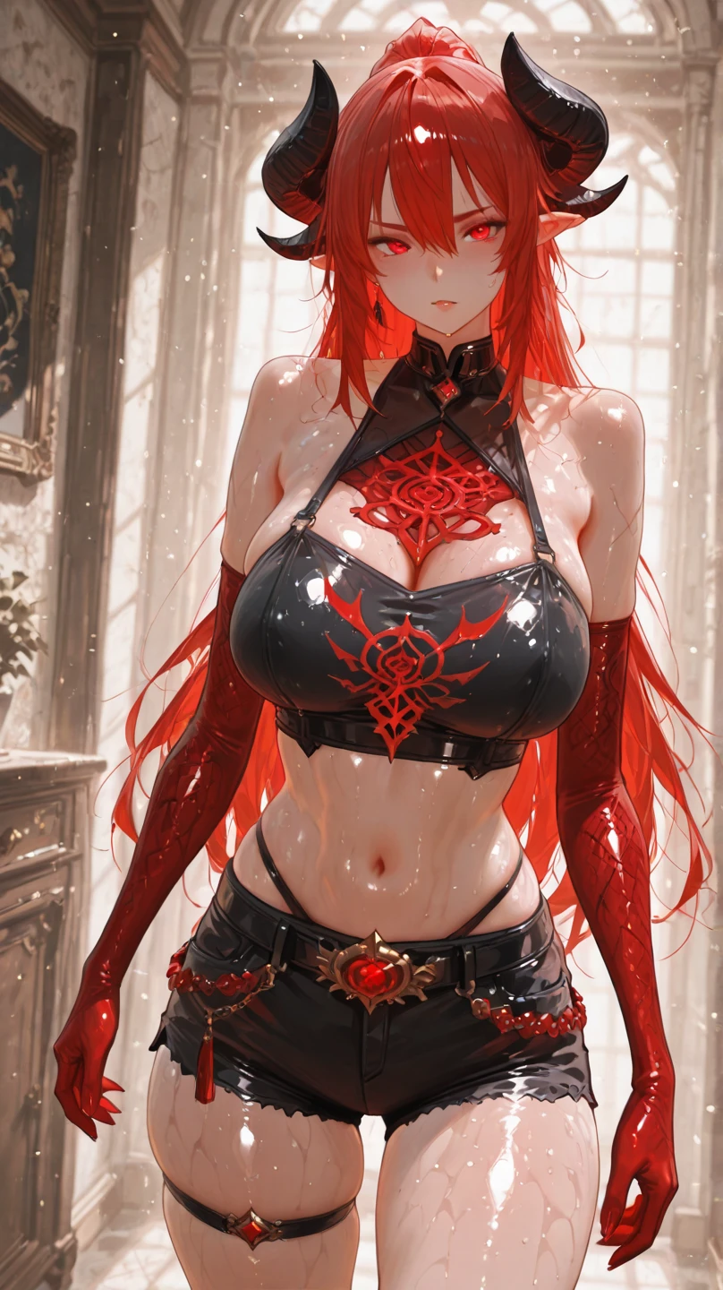 (Best Quality,4K,High resolution), 18yo woman, Red mesh hair on black hair, Long hair, Straight hair,  , Comical appearance，(Best Quality,4K,High resolution), 18yo woman, Red highlights on black hair, Long hair, Straight hair, Transforming Woman,An abnormal，Cold eyes ,sharp eye，distressed look，Red glowing eyes，Facial expression enhancement，，Changing the Appearance of a Transform，beast，Beastification，Evil Fight，buttle，Delicate illustrations drawn in detail，Torn clothes with decoration，Disheveled clothes，Realistic portrayal，Vibrant colors，expresive，Classic background