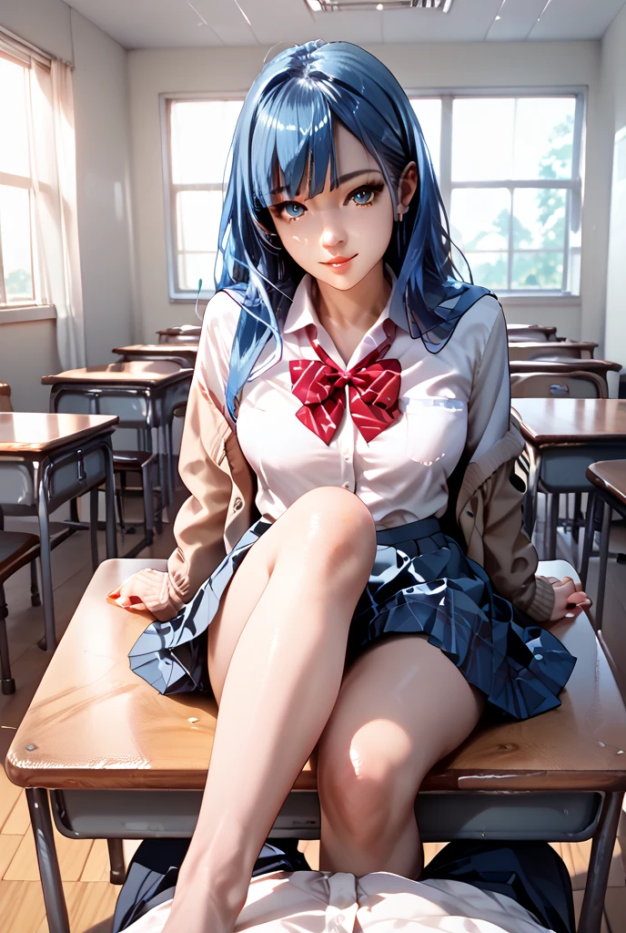 AGMM, 1girl, (Nicole Kidman, blue hair, Colored_Skin:1.2), wearing wet school uniform, large breasts, reveal, cover, skirt, thighs. inside the building, classroom, sun rays, bokeh, sparkles, night, smile, sexy smile, --auto --s2