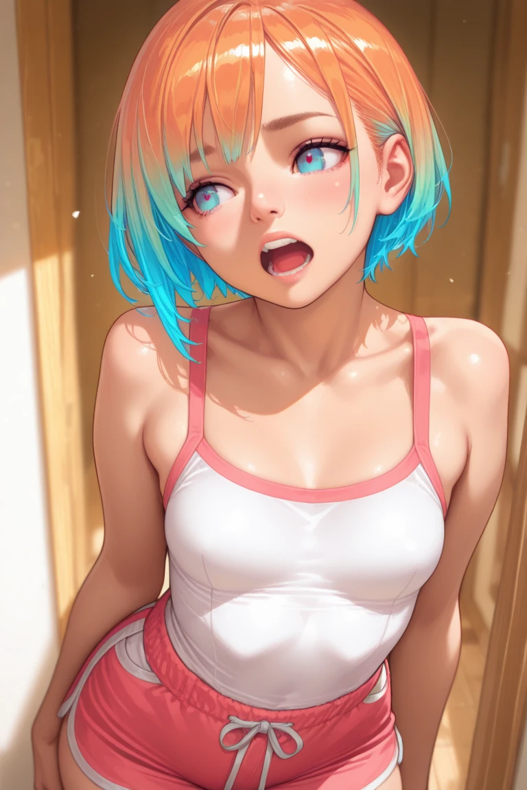 Absurd, Super detailedな,(In 8K:1.3),Masseter muscle area,(masterpiece:1.2)、(Highest quality)、4K、Super detailed、(Movement Structure:1.4)、(Shining Lights、Atmosphere lighting), High resolution, Best Quality、(One girl:1.4),Super detailedな,Bright colors、Treebreak Production Art、(Warm color light source:1.2),High-level image quality、Fine image quality、Intricate details,Volumetric Lighting,Realism BREAK、Profile、 Idol face、15 years old、Very beautiful face and eyes, Beautiful images、natural make up、 big eyes,、 (Small breasts)、(glossy skin :1.5)、(Baby Face:1.5)、(own hugging feet1.2)、 (white background:1.2) 、 (ight blue hair,short hair、 (Pink,Good, fullback panties:1.4)、 orgasm face