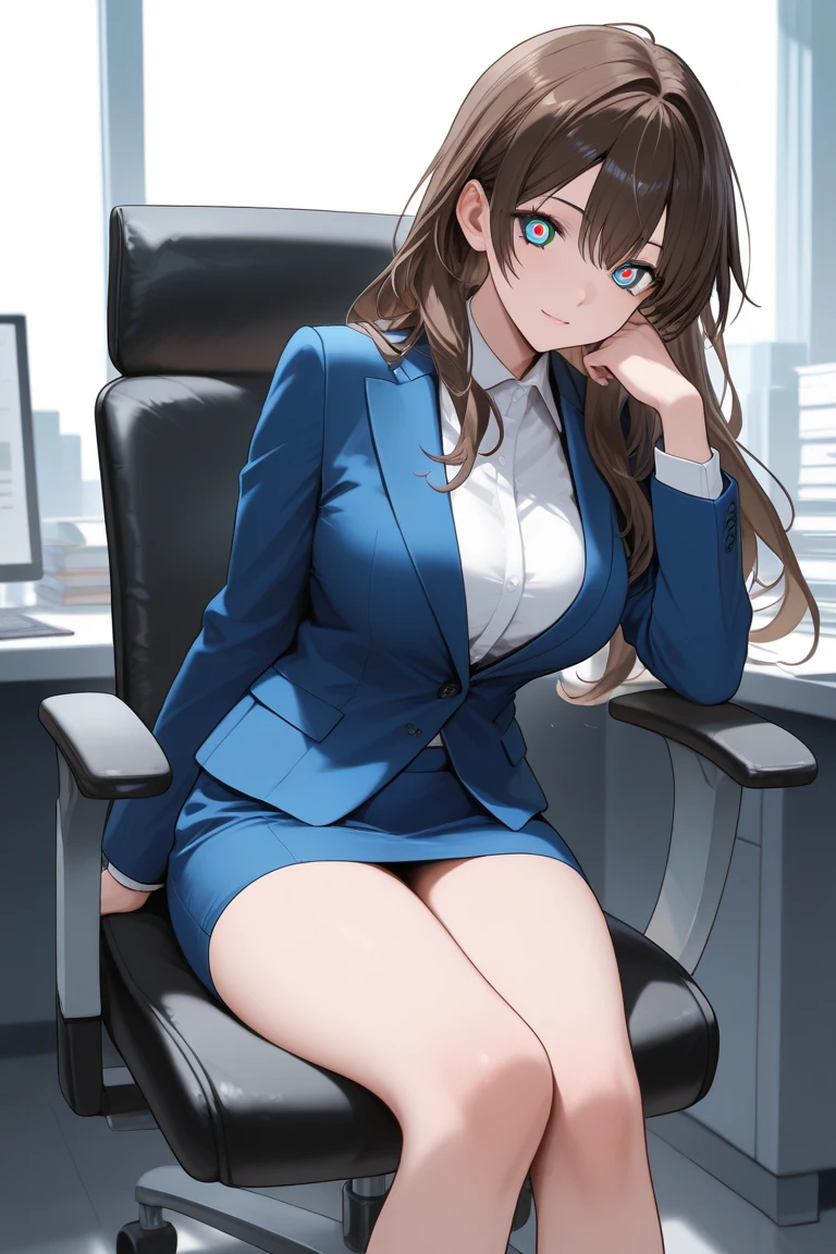 detailed illustration (side view),dynamic angle, ultra-detailed, illustration, close-up, 1girl, brown wavy hair, medium breasts, highly detailed eyes, blue eyes, bright eyes, long hair, sitting on desk, in an office, legs spread, black panties, business suit, grey suit coat, grey skirt, cleavage, white blouse, smile
