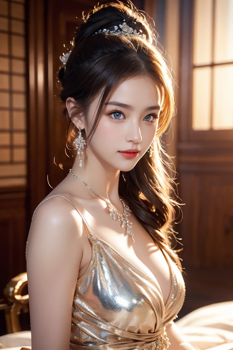 High-quality work,Realistic works,Super premium graphics,8K HD CG works,high quality graphics,High-definition and exquisite CG works,10x pixels,Ultra-fine details:1.1,Advanced technical details:1.1Realistic photo effects,Interior lighting effects:1.5,natural soft light:1.5. Light effect(Virtual light effects:1.8),ultra high resolution,shining dress,sliver long hair,silber hair,transparenthair,high detailed hair(Quality hair details:1.1)Clear eyes,Double eyelids look good,Sharp eye makeup, Create exquisite eyelash makeup, tthin eyebrows, Ultra-detailed eyes,a tall nose, lovely red lips, rosey cheeks, With delicate makeup on her face , pretty face, The face shape is perfectly proportioned,(Advanced facial details:1.1)Close-up of a woman in a platinum gold dress, chengwei pan on artstation, by Yang J, detailed fantasy art, stunning character art, fanart best artstation, epic exquisite character art, beautiful armor, extremely detailed artgerm, detailed digital anime art, artgerm on artstation pixiv, armor girl,Women's artwork,Dress full body video,Realism,Amazing Cleavage,My eyes are very bright today