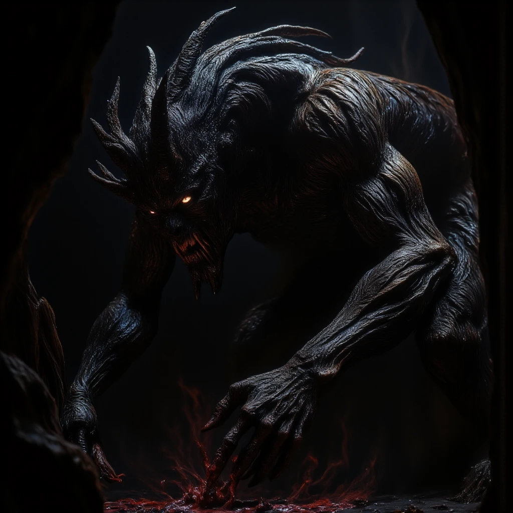 Create a horrifying monster standing in a dark, foggy forest at night. The monster has a grotesque appearance with large, sharp fangs, glowing red eyes, and long, razor-sharp claws. Its skin is rough, covered in dark, slimy scales, and it has multiple twisted, unnatural limbs. The background is dimly lit by moonlight filtering through dense trees, casting eerie shadows. The atmosphere is filled with a sense of dread and fear, with the monster as the focal point, emanating an aura of imminent danger and terror.