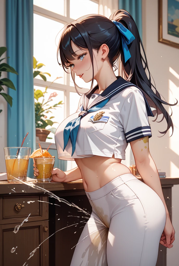 Cornflower art, dreamy, (masterpiece, top quality, perfect anatomy, beautiful face, realistic, super detailed, 1 girl, 18 ears senile, solo, depth of field, canon 24mm lens, f1.4, cute_girl, sailor_ collar, clear facial features, short sleeves, small breasts, slender height, height 150cm, barefoot, double ponytail, bangs, gravure pose, indoor, slouch, Chest gap jungle, blurred background, (Uwabaki: 1.1576)) whole body, clear liquid dripping from the crotch, the front of the shirt is exposed, breasts are visible, transparent bra, light blue striped buns, erotic, , NSFW movie, strange, beautiful pee, holy water,