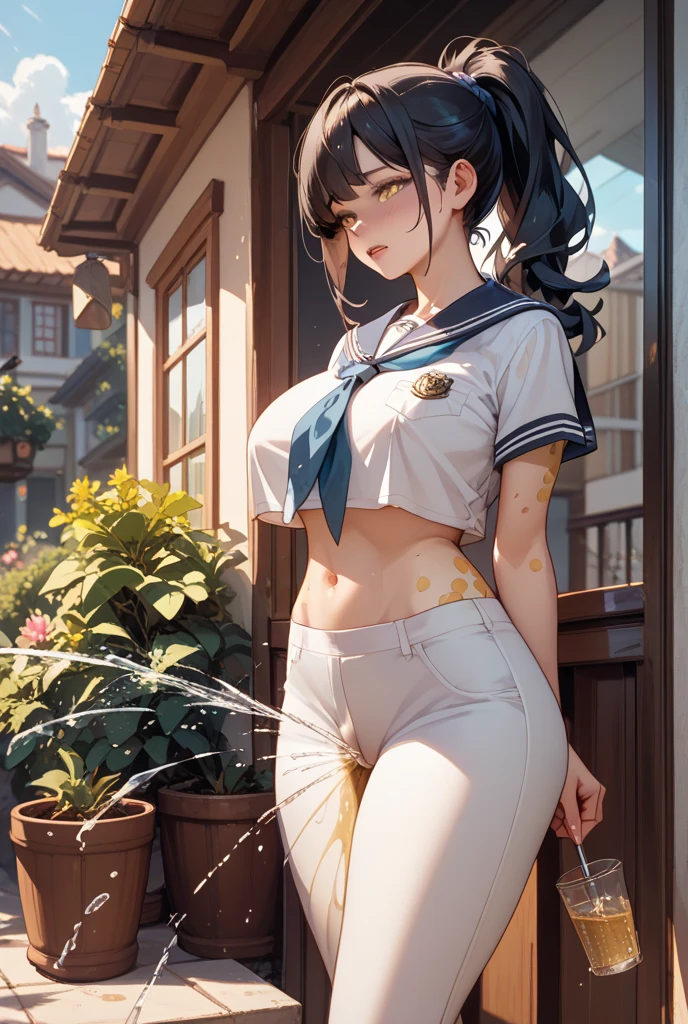Cornflower art, dreamy, (masterpiece, top quality, perfect anatomy, beautiful face, realistic, super detailed, 1 girl, 18 ears senile, solo, depth of field, canon 24mm lens, f1.4, cute_girl, sailor_ collar, clear facial features, short sleeves, small breasts, slender stature, height 170, barefoot, double ponytail, bangs, gravure pose, outdoor, jungle, Blurred background, (Uwabaki: 1.1576)) Drenched all over, clear liquid dripping from the crotch, the front of the shirt is exposed, the breasts are visible, transparent bra, light blue striped buns,