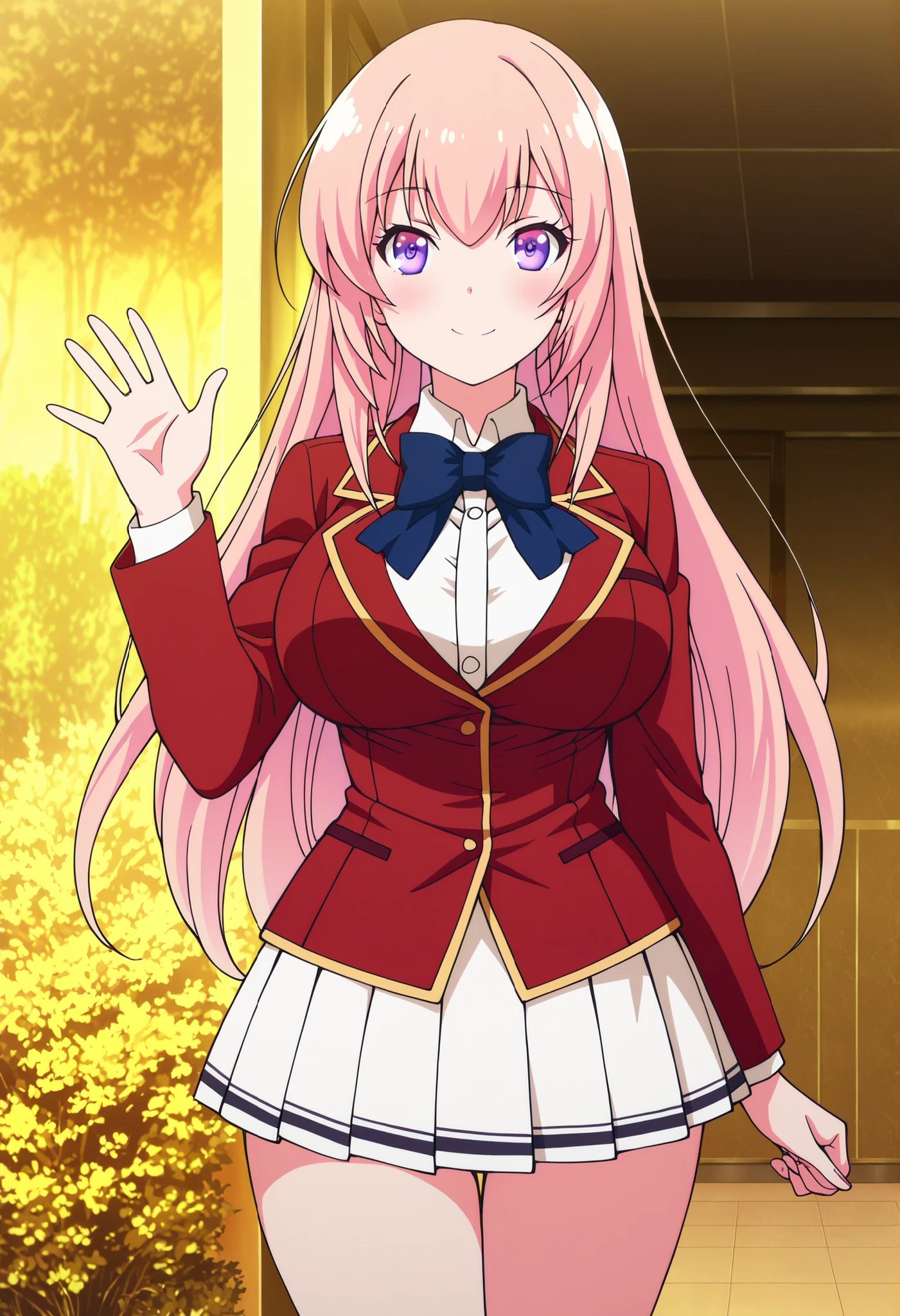 masterpiece, best quality, very detailed, , masterpiece, best quality, eyelashes, (Beautiful Eyes), cowboy shot
Ichinose Honami,
anime, Official Illustration , Big Breasts, blush, ruddy skin,Big Breasts, Curvy
long hair , smile , purple eyes , Gold ,
red jacket , pleated skirt ,white skirt , shirts
Watch viewers , place your hand on your lower back ,is waving ,