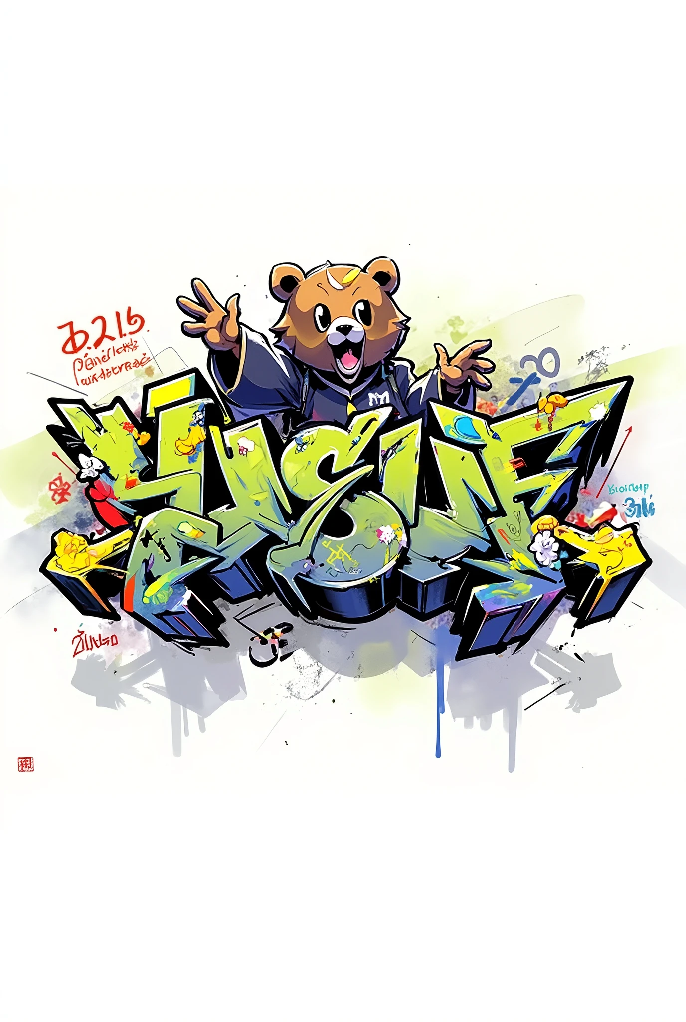 Cool graffiti spelling 'Yusuf' on a white background, bear , Chinese,