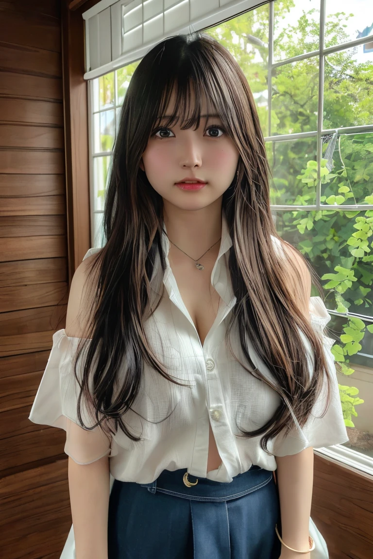 top quality，Beautiful Japanese high school girl, masterpiece, light makeup, black hair, school, beautiful, elegant.  Super fine details, works, authentic texture, realistic movie lighting, perfect works, 8K, HD, exquisite facial features, uniform, white blouse, miniskirt, chubby figure, big bright eyes, large breasts, whole body