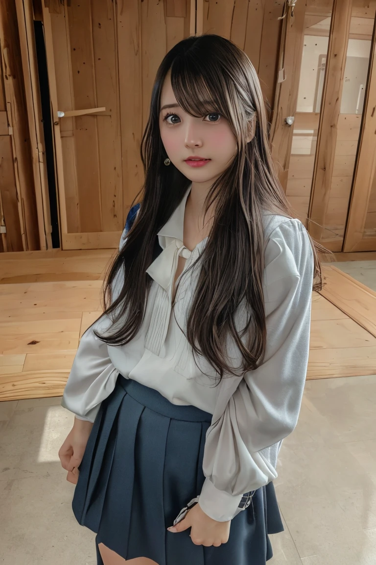(masterpiece, Highest quality, 8K, High resolution),(Realistic skin texture, Perfect Face, Realistic, Perfect hands, Perfect finger count, Japanese, Girl), (20-year-old), Big Eyes, Brown eyes, Light brown hair, bangs, Twin tails, Big hair ribbon, Small face, Crying face, ((White button-up shirt, Flat Chest, tie, Mini Pleated Skirt, No underwear)), Leaning against a wall, Cute pose, In an abandoned house