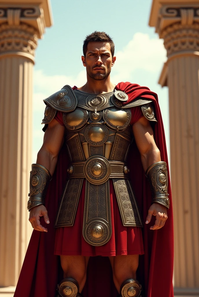 Young man with blond hair and yellow eyes, with a well-structured physique, carrying the following equipment from Greek mythology, Achilles&#39; armor,  Hermes boots, Athena&#39;s retractable shield, the wings of Icarus, and holding a sword capable of turning into a spear.  