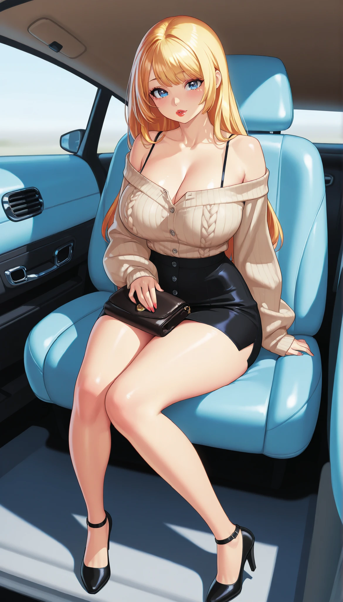 score_9, score_8_up, score_7_up, source_anime, luxurious gardens, POV, rich party girl, bracelets, blonde drill hair, pale skin, arched back, natural lighting, gold chains, large natural breasts sagging, looking at viewer, strapless transparent white summer minidress, sitting in luxurious sports car, insanely detailed, sweaty skin, oily skin, wet skin, shiny skin, posing, armlets, view from above, detailed skin, hourglass figure, posing in luxurious expensive car , flirting, lustful gaze, hoop earrings , eye contact , depth of field, cinematic illumination, volumetric lighting, Painstaking Attention To Details, Beuty, painted nails, pores, breast veins, slutty rich preppy party-goer, angled view, white high heel wedge summer sandals