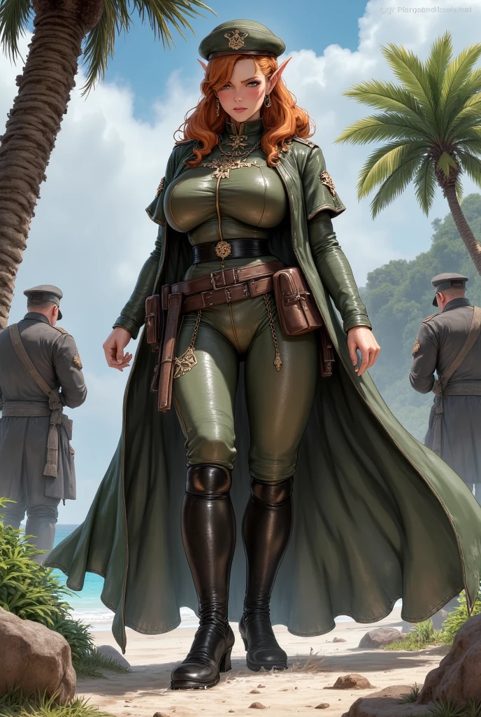 Lonely young adult girl, Tall stature, little chest, closed mouth, Slavic appearance: Green eyes; blond hair; sharp facial features; dimple on the chin; Straight nose; high nose; pronounced high cheekbones; high forehead, stands upright, (gigantic breasts:1.4), detailed face, military uniform: double-breasted overcoat; pants, Full-length painting, leather gloves