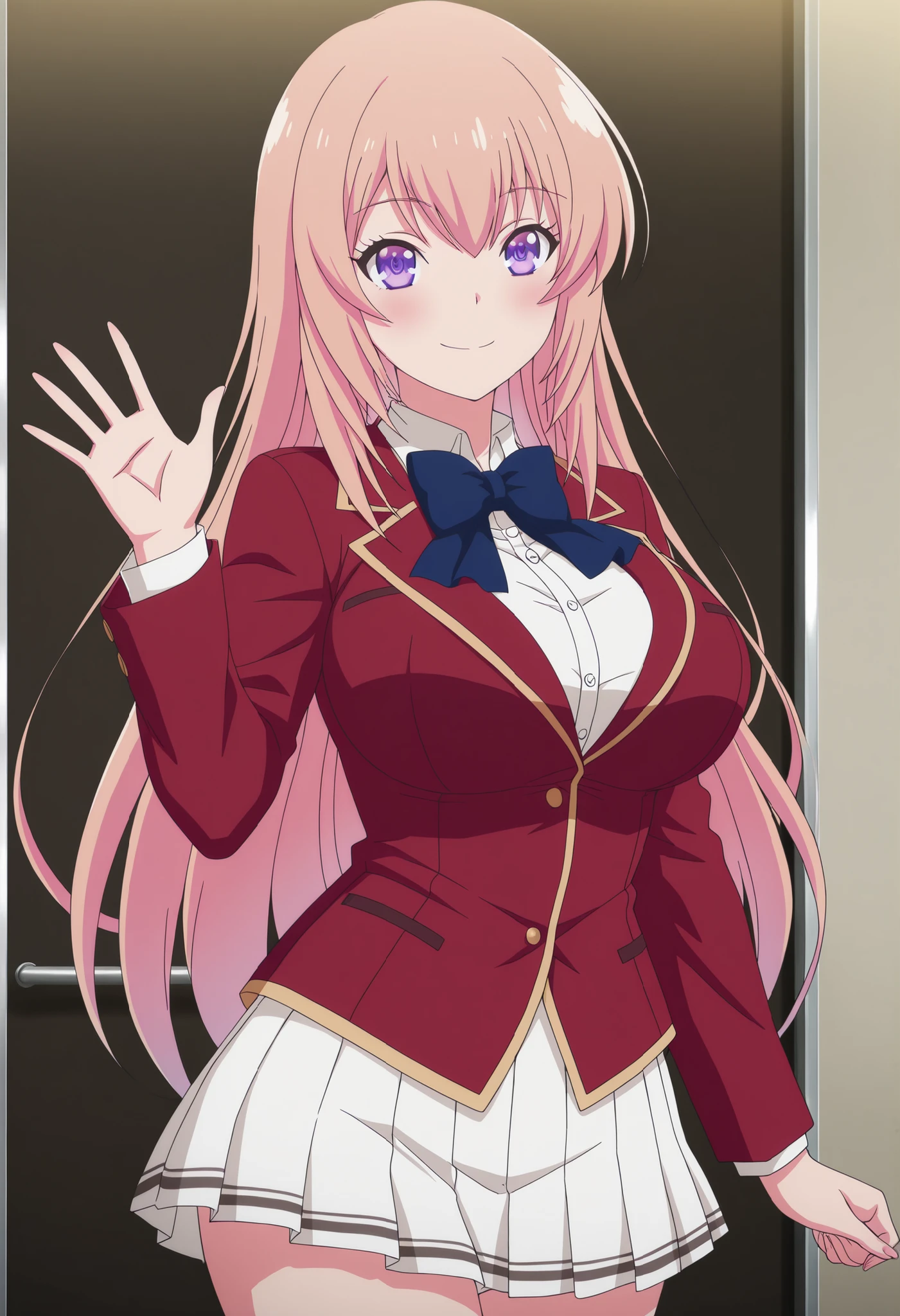 masterpiece, best quality, very detailed, , masterpiece, best quality, eyelashes, (Beautiful Eyes), cowboy shot
Ichinose Honami,
anime, Official Illustration , Big Breasts, blush, ruddy skin,Big Breasts, Curvy
long hair , smile , purple eyes , Gold ,
red jacket , pleated skirt ,white skirt , shirts
Watch viewers , place your hand on your lower back ,is waving ,