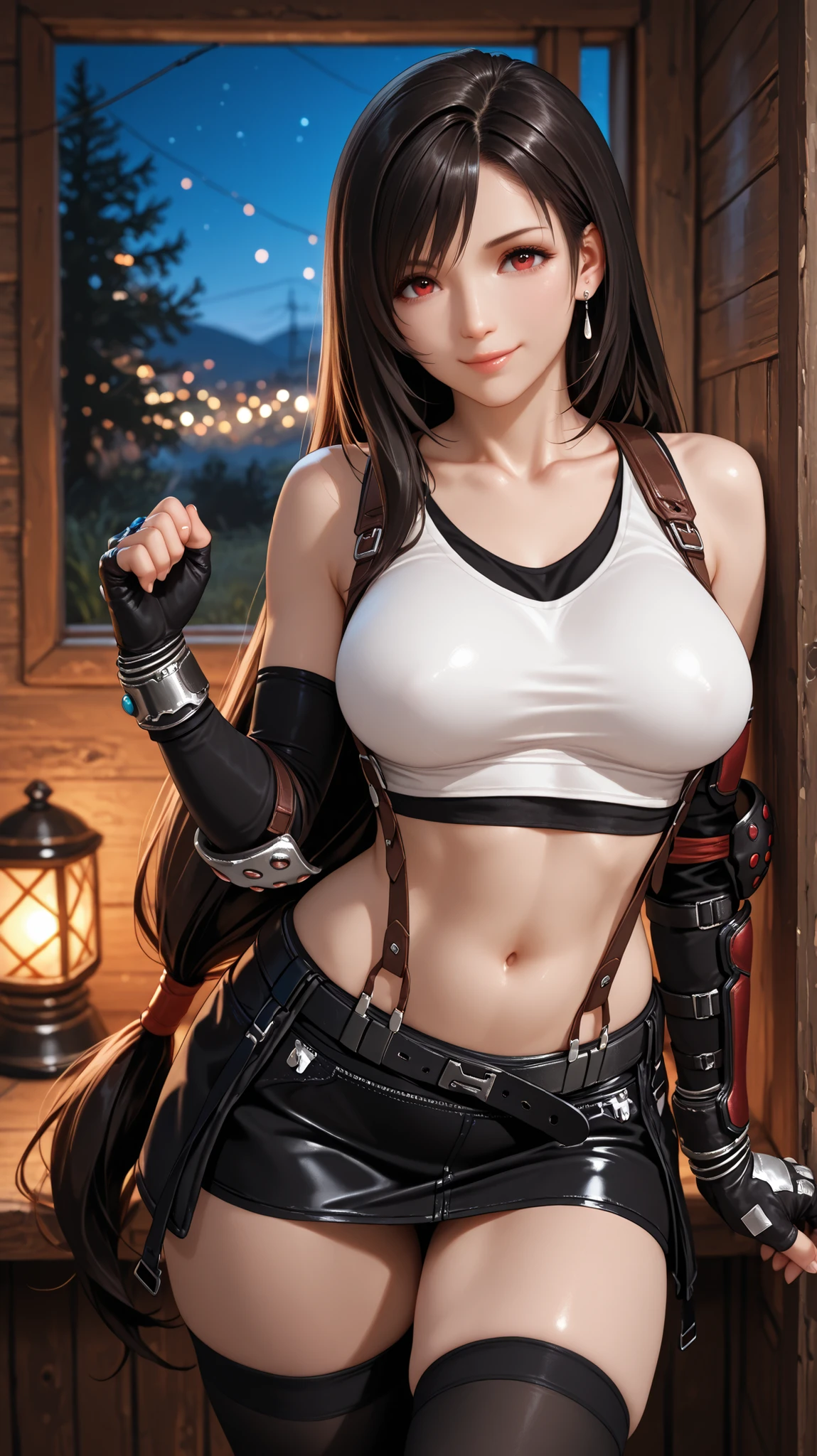 1girl, tifa lockhart, pencil skirt, garter skirt, skirt, elbow length gloves, long hair tied low, bangs, tight clothing, underwear, belly button, miniskirt, collarbone, very long hair, suspenders, earrings, elbow pads, fingerless gloves, jewelry, thigh highs, gloves, lips, crop top, thighs, long hair, tank top, in a cabin, night, lights, illuminated, sensual smile, sexy, attractive, looking at viewer, sexy pose, pretty, best quality, masterpiece