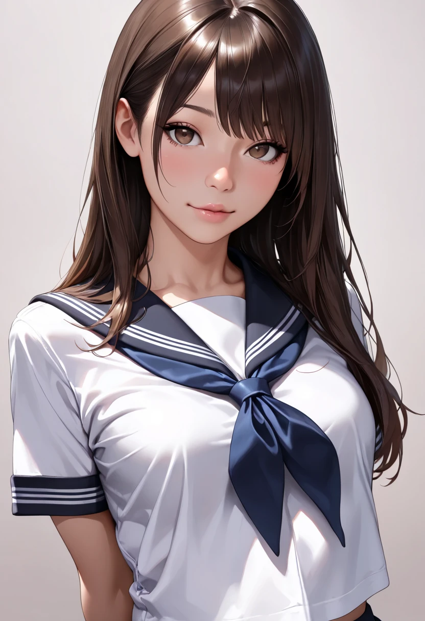 (highest quality、8k、32k、masterpiece)、(Realistic)、(Photorealistic:1.2)、(High resolution)、Very detailed、Very beautiful face and eyes、1 girl、Round and small face、Narrow waist、Delicate body、(close、highest quality、Attention to detail、Rich skin detail)、(highest quality、8k、Oil paint:1.2)、Very detailed、(Realistic、Realistic:1.37)、Bright colors、(((Brown Hair)))、(((Bust Shot)))、(((Long hair that reaches down to the waist)))、(((Pure white wall background)))、(((Pure white wall background)))、(((Wear a sailor uniform)))、(((I&#39;Laughter)))、(((Wearing a short-sleeved sailor suit)))、(((Look straight ahead)))、(((I have 茶色い髪)))、(((Wearing a heart necklace)))、(((She is wearing a sailor suit)))、(((Brown Hair)))、(((Place your right hand in front of your mouth)))、(((Has a shy look)))、(((Checkered Pleated Skirt)))、(((mini skirt)))、(((I&#39;Iは黒いニーソックスを履いています)))、(((Teeth are visible)))、(((skip)))