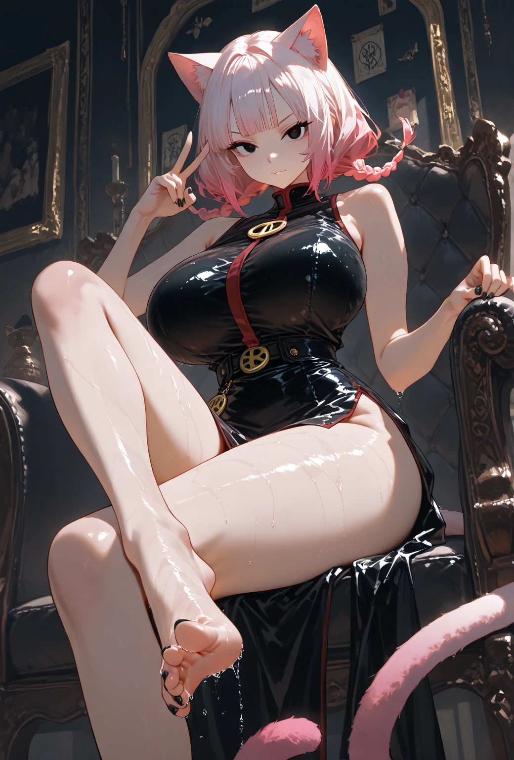 12year old girl,white skinned,largeeyes,wistful look,A black face,Extra-long ponytail hairstyle,White pink gradient hair,devil horns,ears of elf,Head-mounted ventilators,Gold-rimmed glasses,star eye,Collar,Sexy figure,no top dress,no underwares,with no underpants,Lace tunic,White lace thigh socks,Super high heels,Get wet all over your body,Iron chain winding,Large breasts,Kneeling,On your stomach,Back shadow,back,Facing away,Spread your legs,Strangle,SM direction,Shame,Tattoo of the pubic bone,leg loops,foot ring,Nipple rings,Yin ring,Gold belt,Sprawl,exposed ,The whole body is there,Slave girls,Female dog,,exhibitionists,climaxing,Masterpiece,Best picture quality,realisticlying,Complicated details