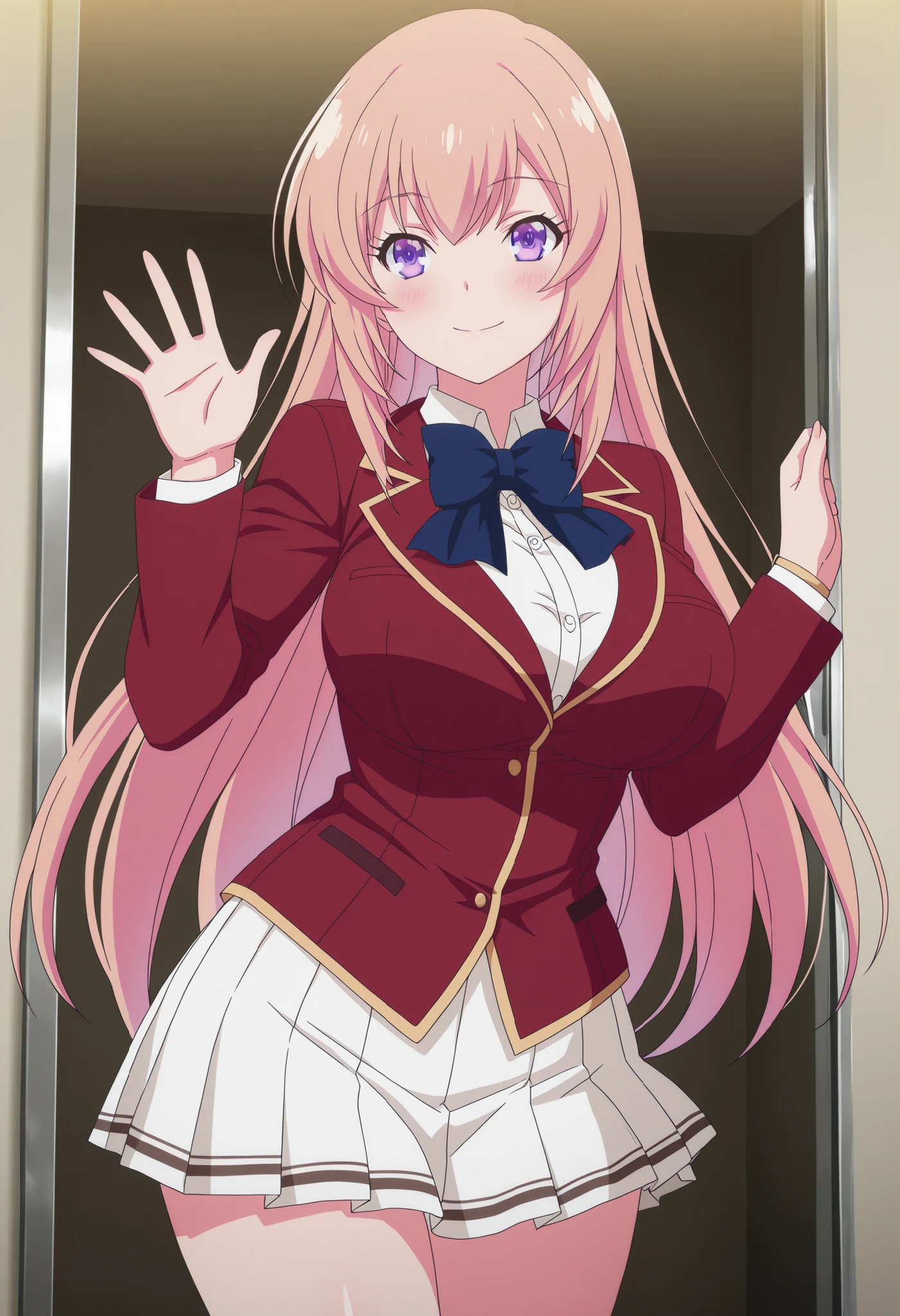masterpiece, best quality, very detailed, , masterpiece, best quality, eyelashes, (Beautiful Eyes), cowboy shot
Ichinose Honami,
anime, Official Illustration , Big Breasts, blush, ruddy skin,Big Breasts, Curvy
long hair , smile , purple eyes , Gold ,
red jacket , pleated skirt ,white skirt , shirts
Watch viewers , place your hand on your lower back ,is waving ,
