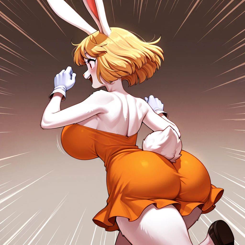 carrot, blonde hair , big ass, medium breasts, back towards viewer, smiling, short, topless, white short fur, bunny ears