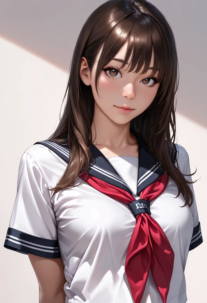 Best Quality,High resolution,8k,finelity detailed background,Masterpiece:1.2),beautiful girl,Shiny brown hair,Beautiful brown eyes,Gentle look,A refreshing look,smile,Best quality,Best Quality,Aesthetic and aesthetic:1.2,Best details((Super detailed))(High-definition CG illustrations),Sailor suit,Summer clothes,Big Breasts,Slender body,morning,sunlight,School,classroom,smile,blush,cute,Scrounge,Looking up,Being spoiled,super model,shoot from,below