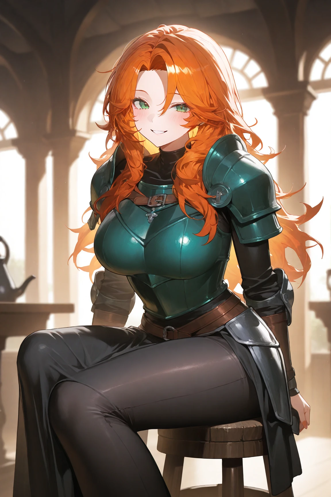 Anime - style image of a more mature woman with green eyes, mischievous look in a corset sitting on a bed, detailed leather corset, pushing breast up, squeezing breasts, breasts well visible, almost uncovered, well uncovered, large and voluminous, red hair with braids over the breasts, braids fallen over the sweaty voluminous breasts (hot day),  Steady face and seductive staring gaze, mouth half open, light light coming in through the window, looking from above, close-up from above, shadow and contrast, beautiful seductive, lascivious anime woman (POV), +1 8