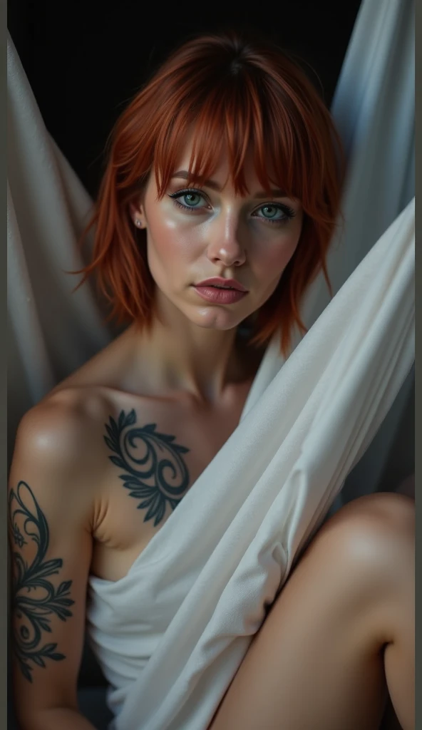 (editorial full body photograph of a (500 years old woman:1.3)), (highly detailed face:1.4) (sad:1.2) (crying:1.3), naked feet, (background inside dark, moody, private study:1.3), dark background, by lee jeffries, nikon d850, film stock photography, 4 kodak portra 400 ,camera f1.6 lens, rich colors, hyper realistic, lifelike texture, dramatic lighting, cinestill 800, messy hair, serious, (tattooes on face and body:].4), pale skin, cute sexy, naked, medium breasts, natural skin pores, veiled dressed, mistery. [8K, Best Quality, Masterpiece, Ultra High Resolution, (highly detailed CG unity 8k wallpaper), (best illustration), (best shadows), isometric 3D, octane rendering, ray tracing, highly detailed, (wide panoramic view: 1.1), (Best quality, 4K, 8 k, A high resolution, masterpiece:1.2), absurdity, masterpiece, ultra detailed, (realistic, photorealistic, photorealistic:1.37), hairs, complex parts, HDR, (complex parts:1.12), (hyper detailed, hyper realistic, Soft lighting, spicy:1.2), beautiful figure, Magnificent Anatomy, (complex part, Hyper detailed:1.15). Blurred foreground., (backlit), realistic, masterpiece, high quality, brightness, chromatic aberration, by Jeremy Lipking, 8k uhd, smoke, shadows, contrast, clear sky, looking_at_viewer, (warm hue, warm tone), high details, natural skin pores]. (solo, full body)