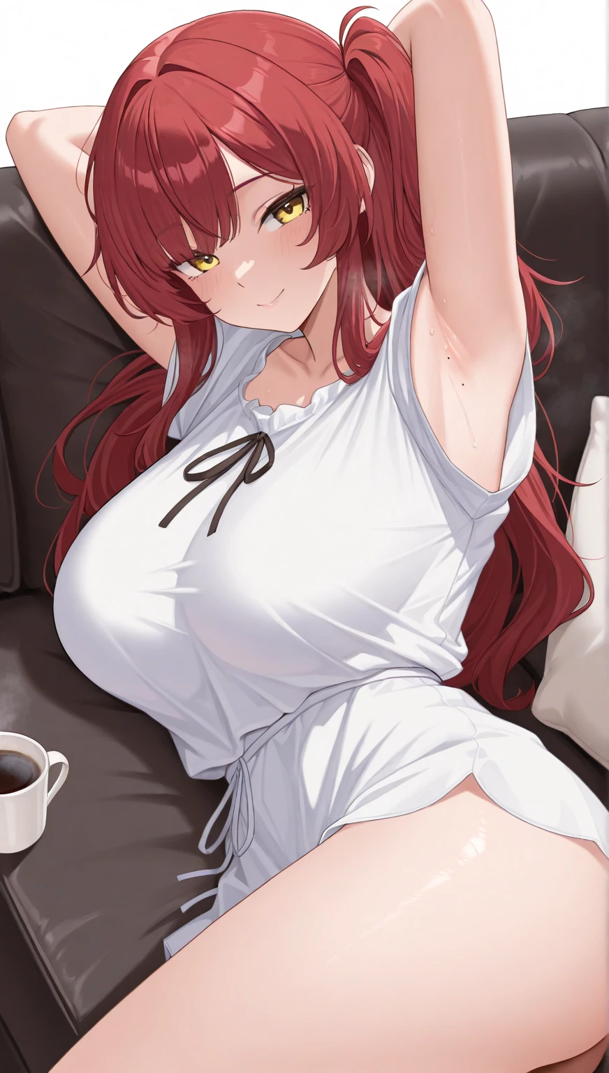 , solo, lying, blush, on bed, indoors, lying on bed, 黒のタイツ, ウルトラロングヘア, 髪の毛が広がっている, bangs, asymmetry bangs, huge breasts, over sized ong sleeve white shirts, see-through shirts, looking at viewer, from below,