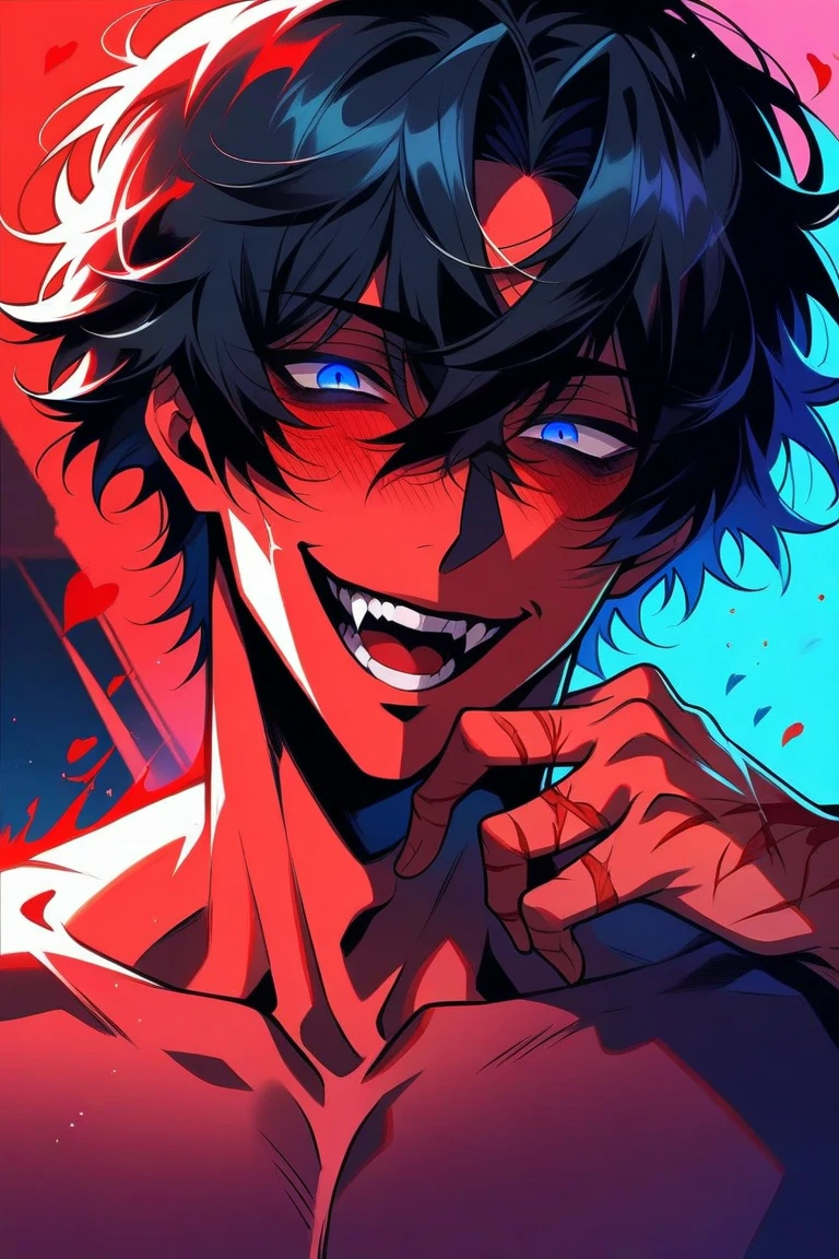 1girl, flying hair, red eyes, fire witch, blood on face, light particles, lightning rays, wallpaper, colorful, high contrast, vampire, smirk, evil smile, psychopathic smirk, psychopathic smile, tilted head