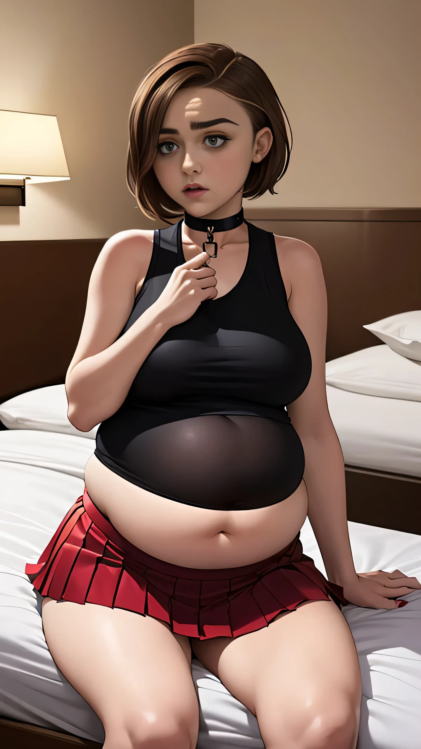 Maisie Williams, (Maisie Williams:1.5), masterpiece quality, (masterpiece quality:1.3), detailed, realistic, (realistic:1.3), 1girl, solo, (solo:1.9), 30 years old, in a fancy hotel bedroom, (in a fancy hotel bedroom:1.5), brown hair, (brown hair:1.5), short hair, (short hair:1.5), wearing choker collar, (wearing choker collar:1.5), wearing black tank-top, (wearing black tank-top:1.9), wearing red pleated skirt, (wearing red pleated skirt:1.5), thin body, big breasts, (big breasts:1.2), chubby belly, (chubby belly:1.2),