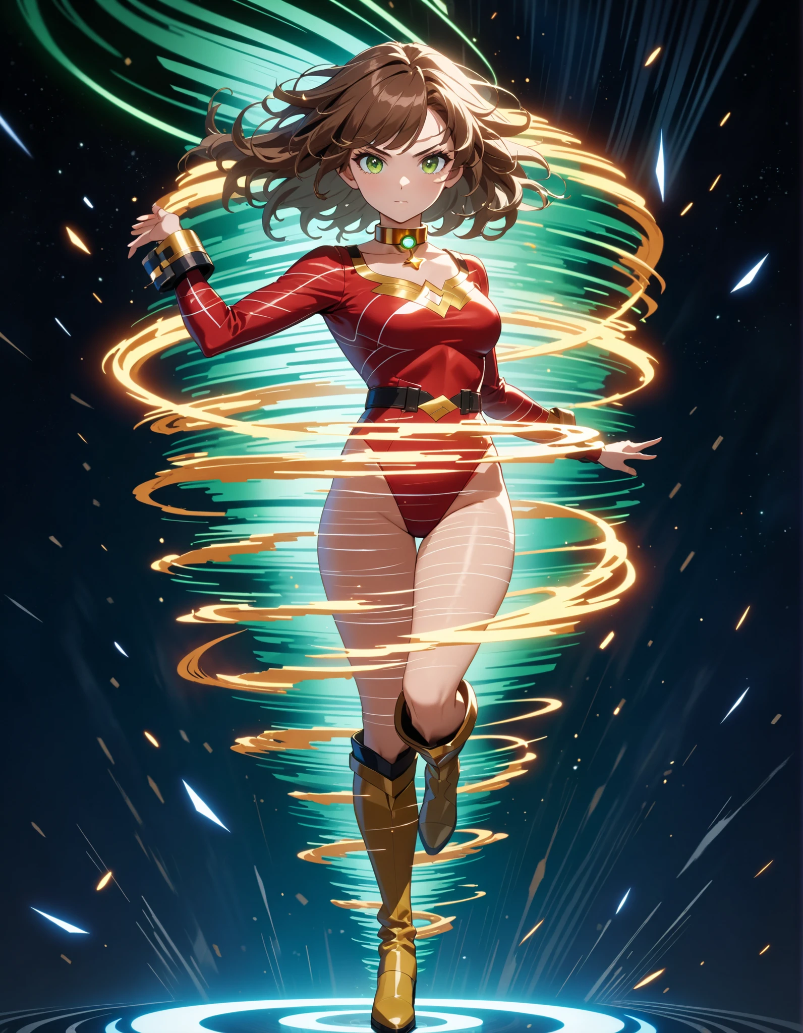 (masterpiece), (best quality), (high res), 1lady, tall body, beautiful detailed eyes, beautiful detailed face, serious, perfect hands, complete fingers, perfect anatomy, perfect proportions, ((brown hair, medium hair)), ((green eyes)), ((leotard, red leotard, matching leotard)), ((white dress collar, open collar)), ((bare legs)), ((boots, matching boots, ankle-high boots, red boots)), breasts, medium breasts, (full body portrait), looking at viewer, (solo, solo focus), cowboy shot, space backdrop, ((yellow V (symbol) on chest)), ((red leather jacket, open jacket)), full body costume design. ((raised arms, spins fast in place like a (tornado), raised arms, (legs closed, standing position), (she spins) at an incredible speed, creating a whirlwind of air around her, cyclone spinning)), ((spiral lines, spinning energy pulse around her)). Curved Sword Slash.