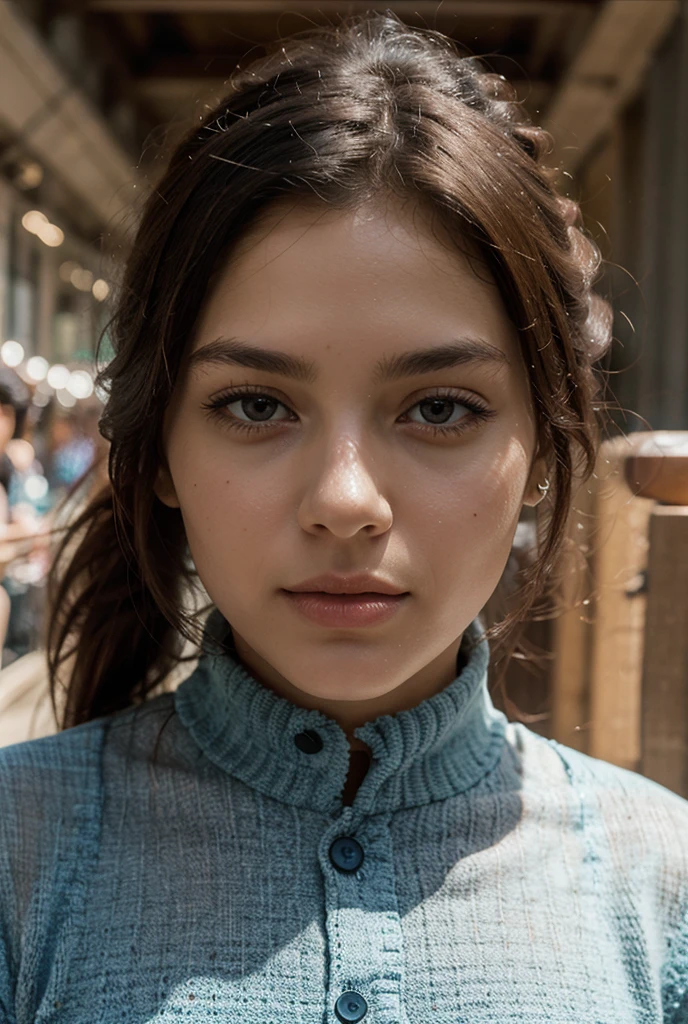 A girl scout with medium length brown hair, children's pigtails hair, Caucasian facial structure, a beautiful smile on her face and a deep look, she is wearing her uniform, visible nipples, marked nipples, marked pussy, she in a dark alley,